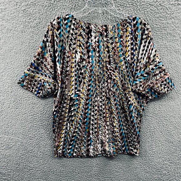 New Direction ND Women Top Small Brown Blue Geometric Short Sleeve Shirt Stretch - Picture 2 of 9